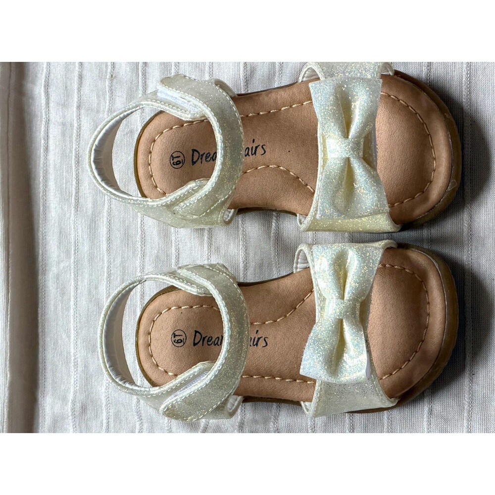 Dream Pairs Girls White Glitter Bow Strappy Sandals Hook & Loop Strap US 6